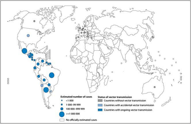 Global distribution of cases of Chagas disease based on official estimates and status of vector transmission