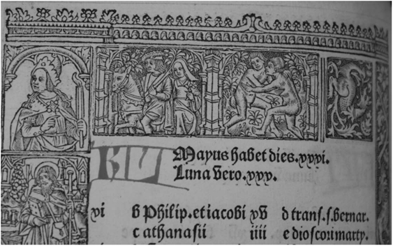 May, Catholic Church, Höre Beate Virginis Marie (Paris, 1520, STC 15926), [A4v]. Photograph by Phebe Jensen, from the collection of the Folger Shakespeare Library, STC 15926