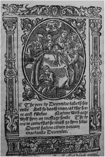 December, Catholic Church, Enchiridion, preclare ecclesie Sarum (Paris, 1530, STC 15965), B4v. Photograph by Phebe Jensen, from the collection of the Folger Shakespeare Library, STC 15965