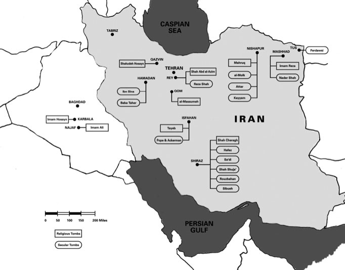 Map of major historical sites of pilgrimage for Twelver Imami Shi‘ism in Iran, overlaid by the modern sites of secular/civil pilgrimage constructed between 1934 and 1979 by the SNH